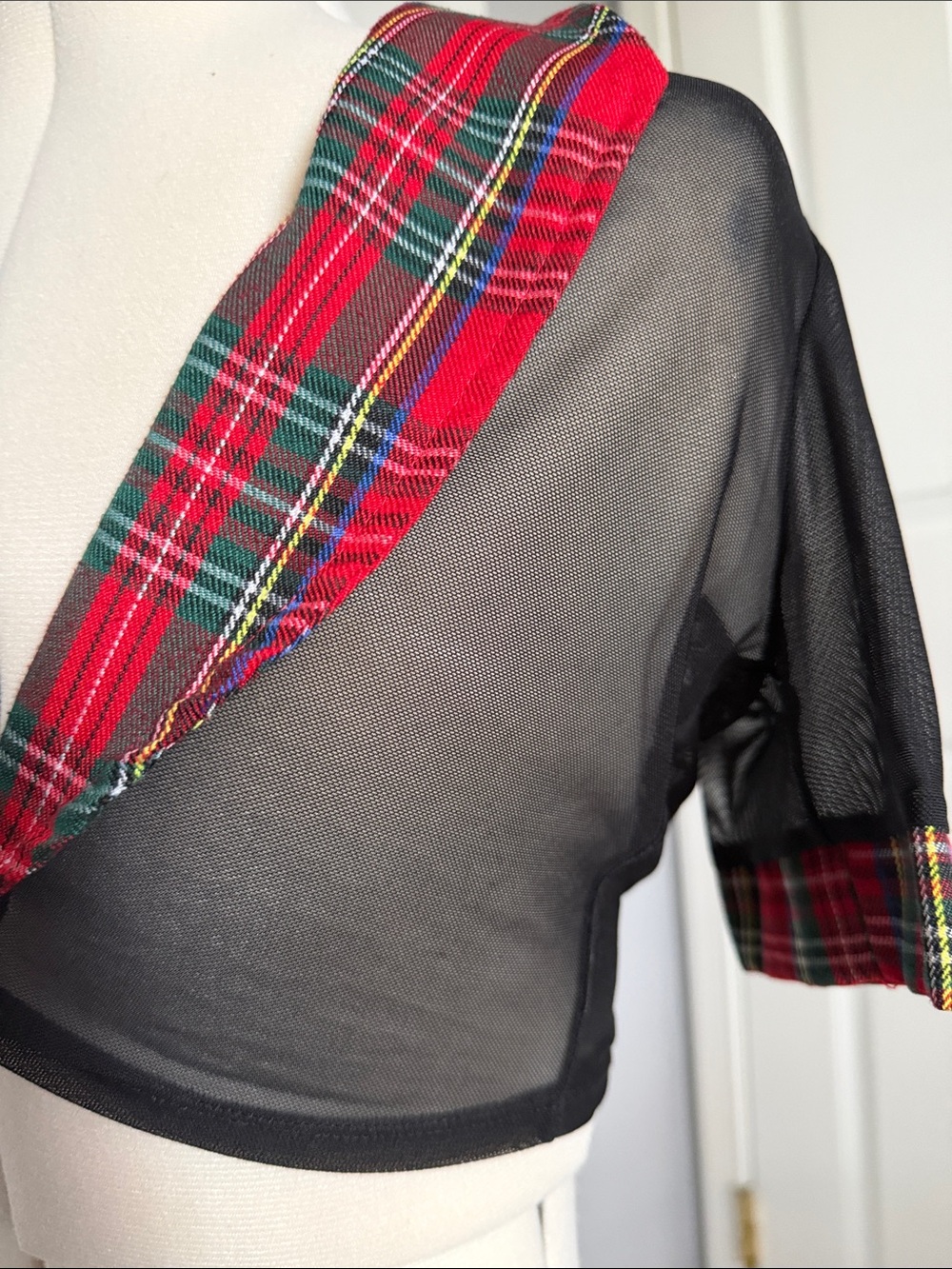 Black Sheer Tie-Front Crop Top with Red Plaid Trim - Picture 3 of 4